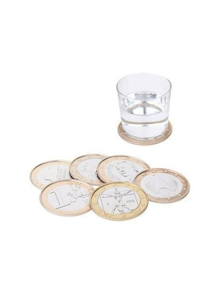 Set de seis posavasos metálicos con diseño de monedas de euro y base de corcho.