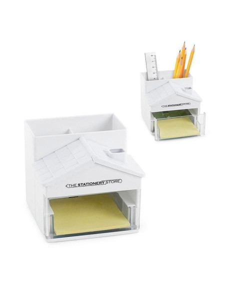 Organizador de escritorio de plástico blanco con compartimentos para bolígrafos y notas adhesivas