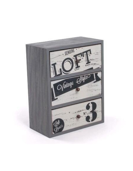 Cajonera de madera estilo Loft con tres cajones decorados.