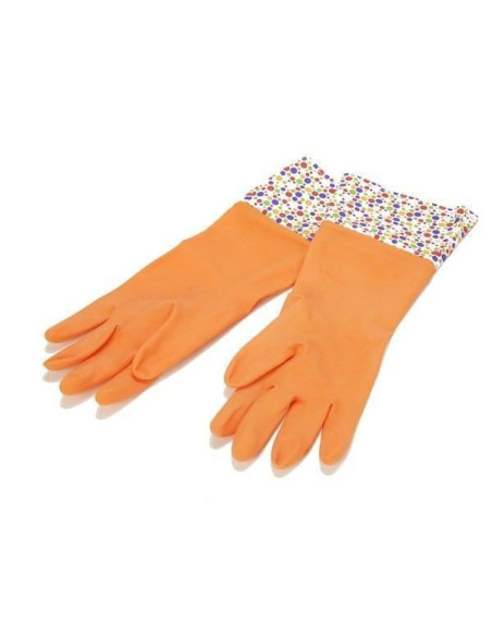 Guantes de limpieza de goma naranja talla L con puños de topitos multicolor.