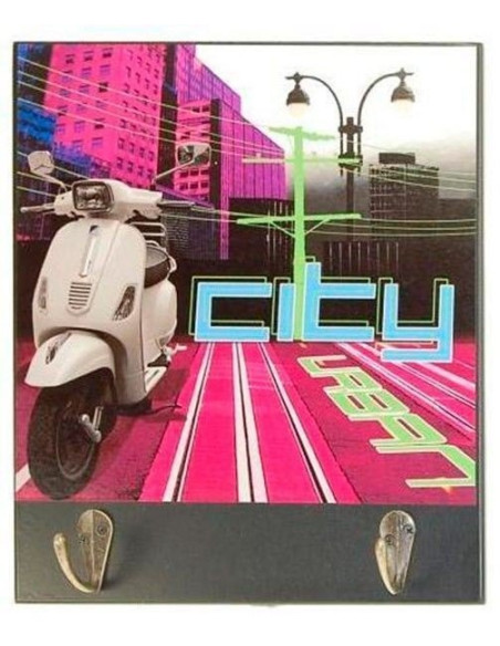Colgador de madera con diseño urbano de Vespa y dos ganchos para llaves.