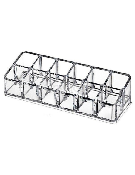 Organizador transparente de acrílico con 12 compartimentos para labiales.
