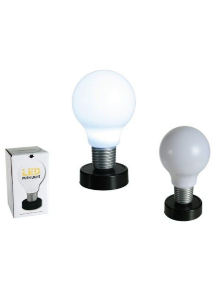 Lámpara decorativa con forma de bombilla gigante y luz LED sobre base negra.