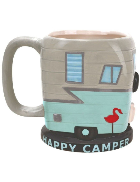 Taza de cerámica pintada a mano con forma de caravana vintage turquesa con flamenco rosa