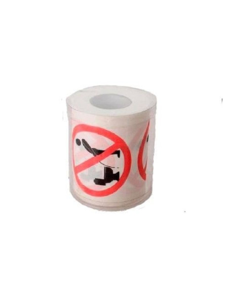 Rollo de papel higiénico decorado con señales rojas de prohibición.