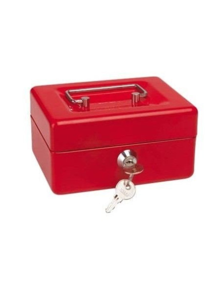 Caja para caudales metálica roja con bandeja interior y cerradura.