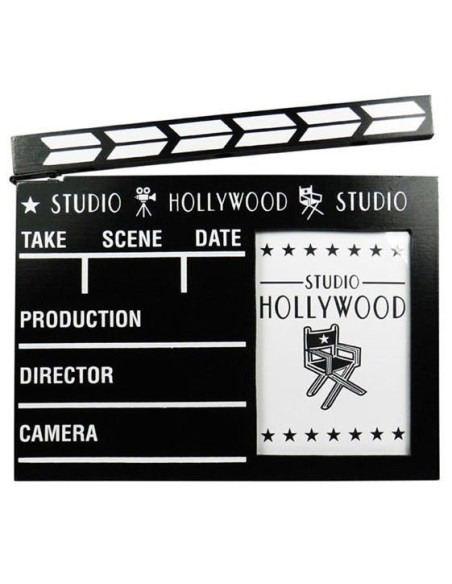 Portafotos de madera con forma de claqueta de cine en blanco y negro.
