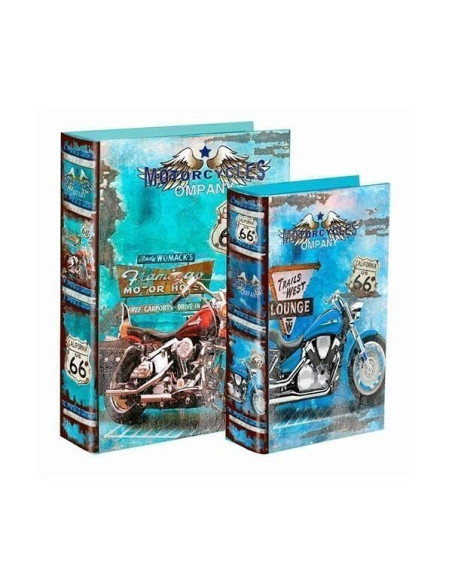 Set de dos cajas libro de madera para almacenaje decorativo con estampado azul vintage de la Ruta 66 mostrados juntos