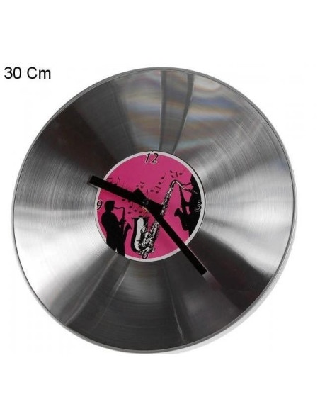 Reloj de pared plateado de aluminio con diseño de disco de vinilo.