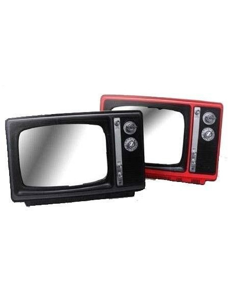 Espejo de sobremesa con forma de televisión retro y estructura de madera.
