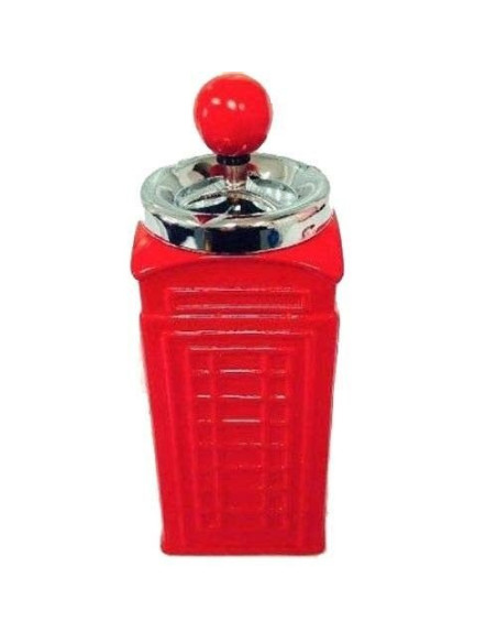 Cenicero de cerámica rojo con forma de cabina telefónica londinense y pulsador superior.