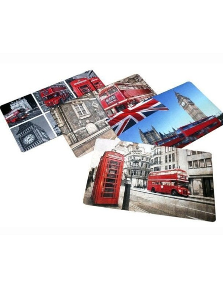 Alfombra de interior con collage de Londres, autobuses rojos y motivos británicos.