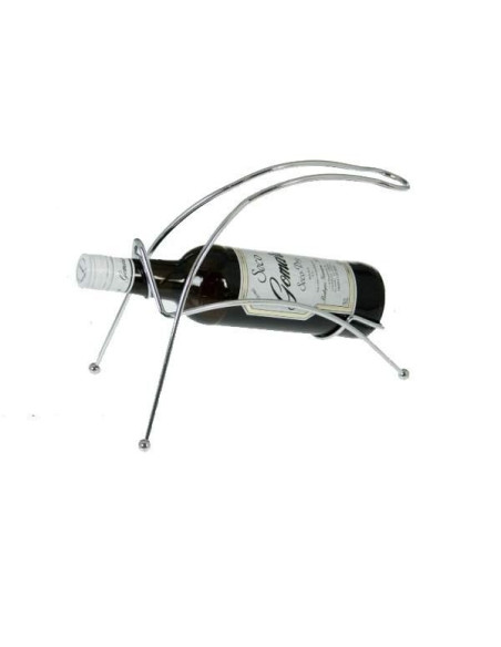 Soporte decorativo de metal cromado para colocar una botella de vino.