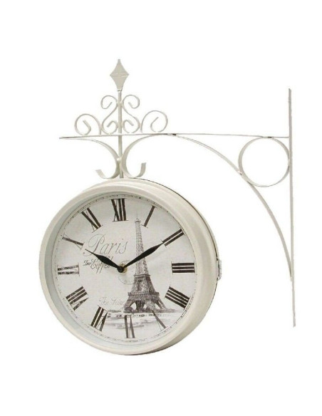 Reloj de estación doble cara estilo París con estructura metálica decorativa y esfera redonda.