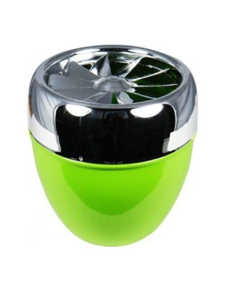 Cenicero de metal con tapa cromada en forma de hélice, disponible en color verde y blanco.