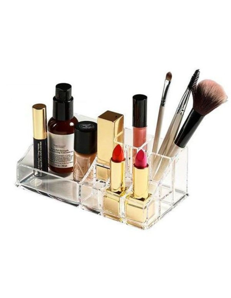 Organizador transparente de acrílico con 9 compartimentos para maquillaje y cosméticos.