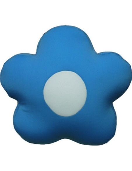 Cojín con forma de flor en tonos azules relleno de bolitas de poliuretano.