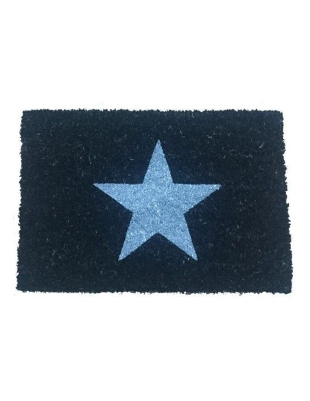 Felpudo negro de fibra de coco con gran estrella blanca en el centro.