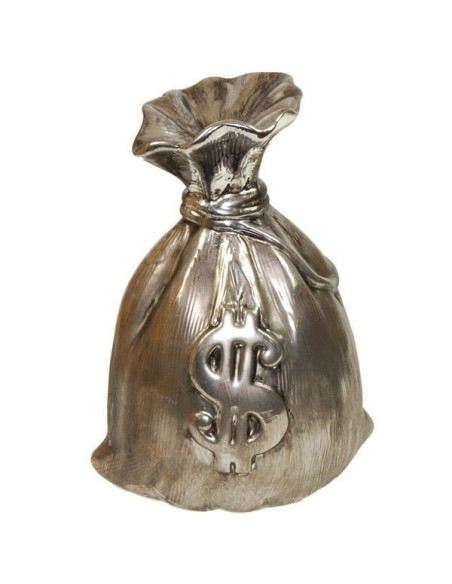 Hucha de cerámica plateada con forma de bolsa de dinero y símbolo de dólar.