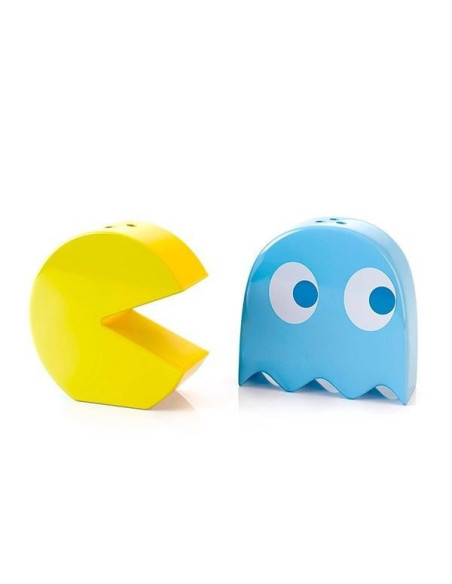 Set de salero y pimentero de cerámica con las figuras de Pac-Man amarillo y el fantasma Inky azul