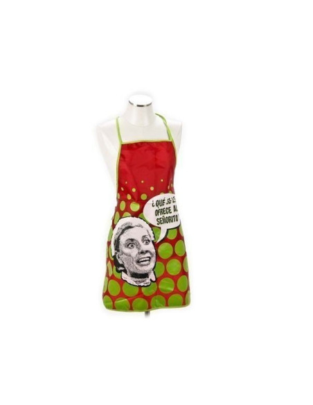 Delantal de cocina rojo con frase “Que se le ofrece al señorito” y diseño retro.