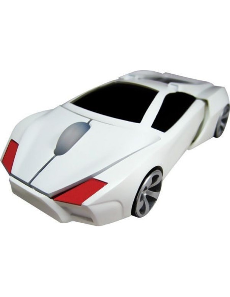 Ratón de ordenador con diseño de coche deportivo de color blanco con faros frontales y rueda de scroll