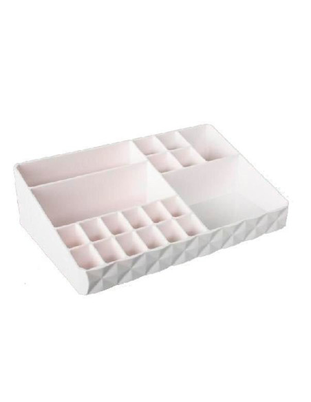 Organizador de maquillaje blanco con 20 compartimentos de diferentes tamaños.