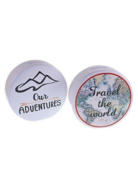Huchas redondas de cerámica con diseños viajeros y frases Our Adventures y Travel the World.