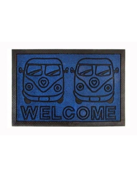Felpudo azul con dos furgonetas retro y palabra Welcome.