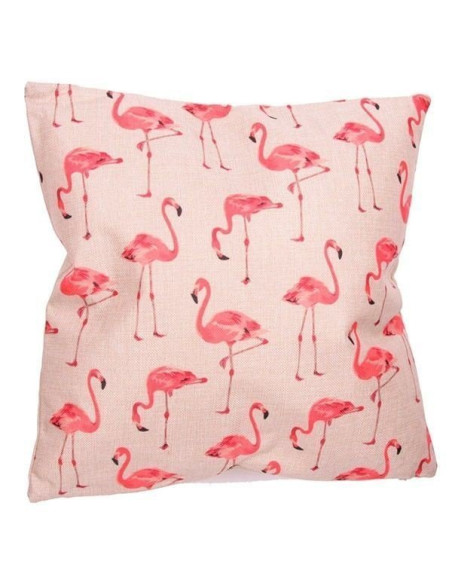 Cojín decorativo cuadrado con estampado de flamencos rosas sobre fondo claro.