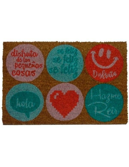 Felpudo de coco con círculos de colores y frase Disfruta de las pequeñas cosas.