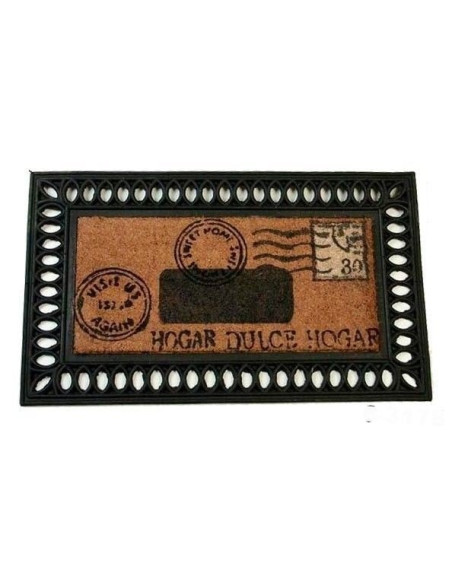 Felpudo de coco con diseño de carta postal vintage y frase Hogar Dulce Hogar.