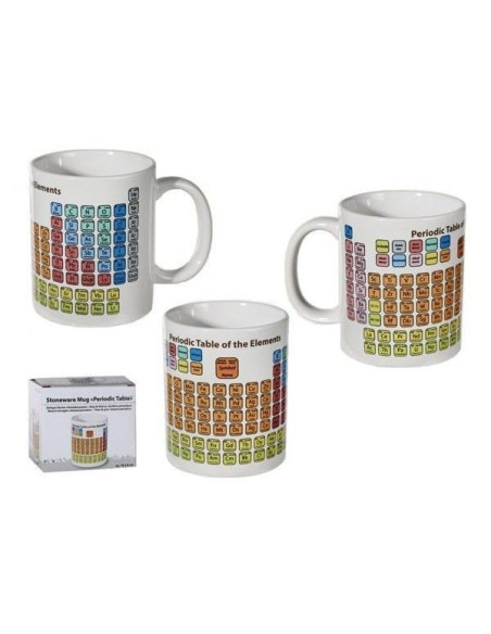 Taza blanca de porcelana decorada con el estampado multicolor de la Tabla Periódica de los Elementos