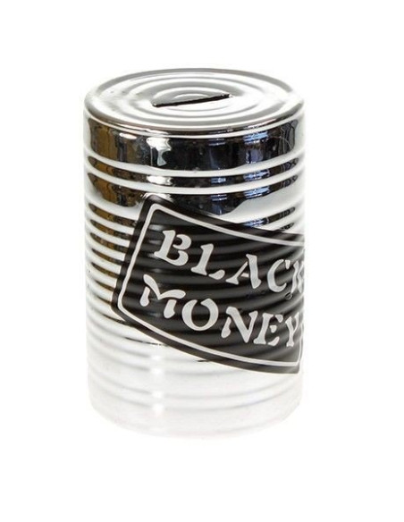 Hucha de cerámica de color blanco y negro con forma de lata de conserva y el texto Black Money en el frontal