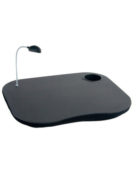 Bandeja para ordenador portátil en color negro con cojín acolchado, flexo de luz LED orientable y hueco posavasos