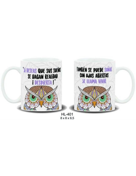 Taza de cerámica blanca con frase motivadora e ilustración de búho multicolor con patrones estilo mandala