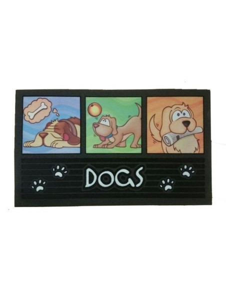 Felpudo con ilustraciones de perros, palabra Dogs y huellas decorativas.