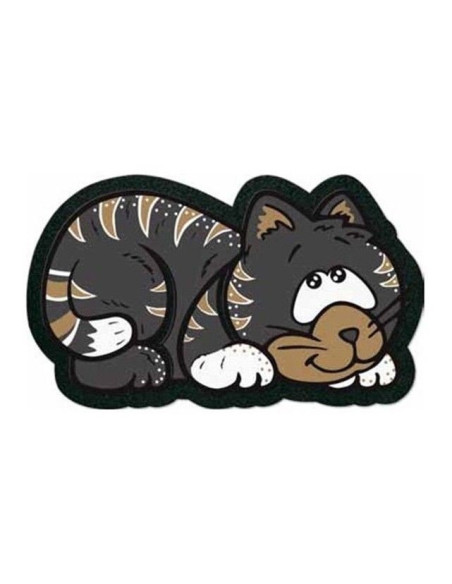 Felpudo con forma de gato en tonos grises, lavable y antideslizante.