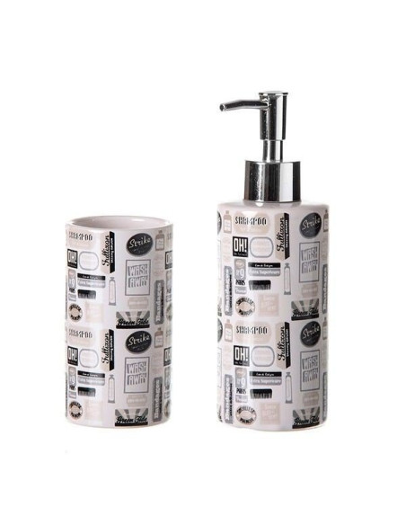 Set de baño vintage de cerámica con dispensador de jabón y vaso en tonos grises y negros.