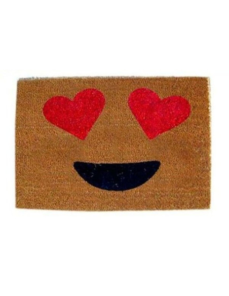Felpudo de fibra de coco con emoticono sonriente y ojos en forma de corazón rojo.