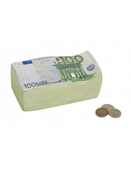 Hucha de cerámica con forma de fajo de billetes de 100 euros.