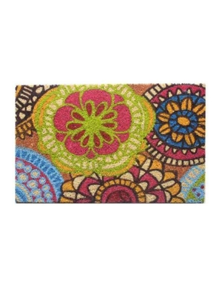 Felpudo floral multicolor con diseño tipo mandala en tonos verdes, rosas, azules y naranjas.