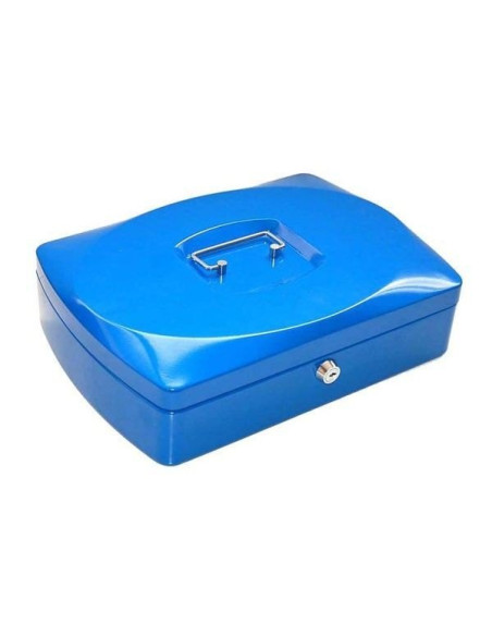Caja para caudales metálica azul de tamaño grande con cerradura, llave y asa superior.