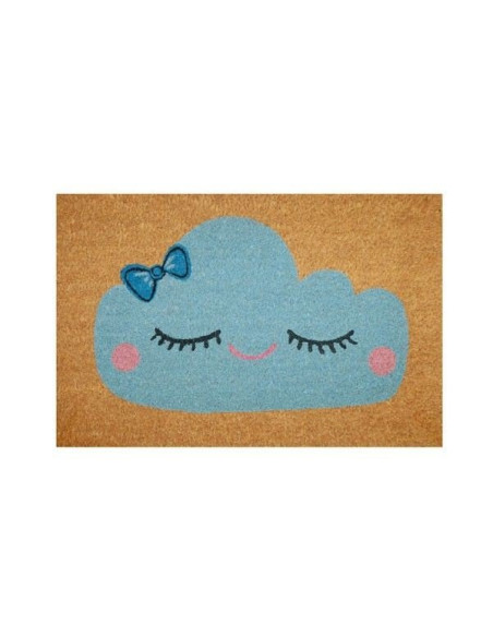 Felpudo de coco con diseño de nube azul con ojos cerrados, mejillas rosas y lazo.