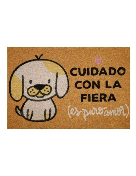 Felpudo de fibra de coco con dibujo de perro y frase Cuidado con la fiera es puro amor.