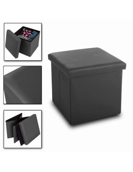 Puff plegable negro con tapa acolchada y compartimento interior de almacenaje.