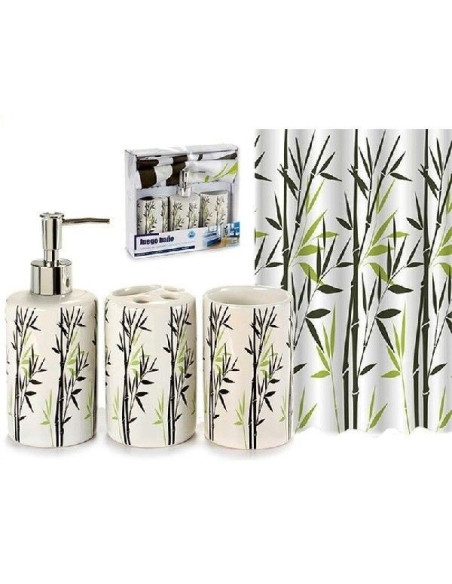 Set de baño con dispensador, portacepillos, vaso y cortina de ducha con diseño de bambú.