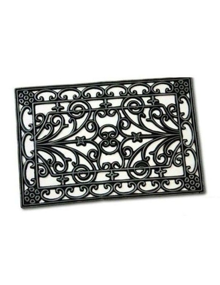 Felpudo de goma blanco y negro con diseño ornamental de inspiración clásica.