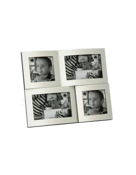 Portafotos múltiple de aluminio para cuatro fotografías en formatos 10 x 15 y 10 x 10 cm.