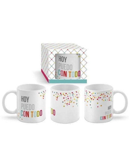 Taza de cerámica blanca con frase motivacional Hoy puedo con todo rodeada de confeti de colores junto a su caja de presentación